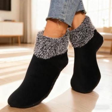 Imagem de 1 par de meias masculinas felpudas no tornozelo antiderrapantes e elásticas de veludo para hospitais e enfermagem pretas, Preto, Medium