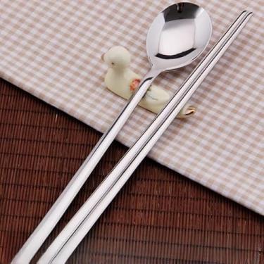Imagem de Conjunto de Colher e Palito Aço Inoxidável Coreano Duas Peças - Utensílios Mesa Hotel com Cabo Longo