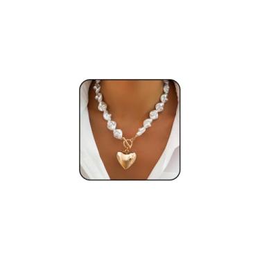 Imagem de Colar feminino com pingente de coração de pérolas grandes de ouro grosso com pingente de pérola barroca OT Toggle Love Necklace Jewelry Accessories, Large, Metal, Sem Pedra Preciosa