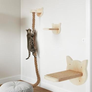 Imagem de Weysat Árvore de gato com corda de escalada de 5 x 150 cm montada na parede, brinquedo de torre de escalada para gatos com poste de arranhão, escada de corda de gatinho com plataforma de salto degraus