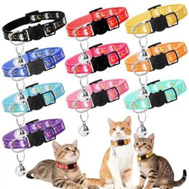 Imagem de 10 coleiras para gatos com sino, ajustáveis que brilham no escuro com pingente de lua estrela, 10 cores fofas para meninas, meninos, gatos, acessórios para animais de estimação