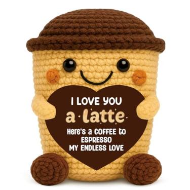 Imagem de Skyists Romantic Coffee Gift for Women Men Handmade Crochet Mini Coffee Cup Plush with Card Cute Crochet Espresso Decor for Girlfriend Boyfriend Anniversary Valentine’s Day Long Distance Love Gift 1