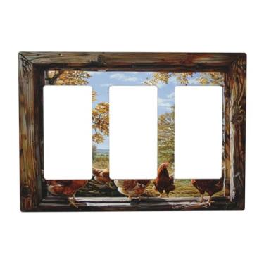 Imagem de SgEdao Capas de tomada decorativas janela de madeira galo cenário rural placa de parede de 3 gangues triplo interruptor de luz basculante placa de cobertura jumbo elétrica GFCI placa frontal para