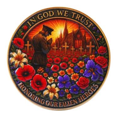 Imagem de Poppy & Dove Veterans Memorial Challenge Coin Honoring Our Fallen Heroes Medalhão Tributo Token of Peace Through Faith & Remembrance Presente de lembrança militar comemorativo para homens e mulheres