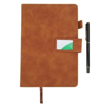 Imagem de Caderno A5 Capa de couro PU Fita Marcador à prova de tinta Papel grosso Diário forrado com caneta Caixa de presente para viagens de escritório Trabalho escolar Preto 215x145mm (Caderno Castanho com Caixa)