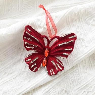 Imagem de 1 peça de enfeite de árvore de Natal de veludo vermelho, guirlanda flocada vermelha, laço, floco de neve, borboleta, doces, vários tipos para escolher