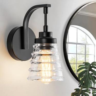 Imagem de JSDORSY Arandela de parede preta moderna, 1 luz de banheiro com sombra de vidro transparente para espelho, luminária de parede interna para quarto, corredor, entrada