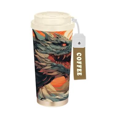 Imagem de YETTASBIN Caneca de café com isolamento térmico Scary Dragon de 500 ml com tampa canudo, copo à prova de derramamento e vazamento com alça para bebida quente e fria, garrafa de água de aço inoxidável