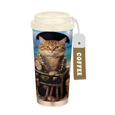 Imagem de YETTASBIN Caneca de café com isolamento térmico Funny Cat de 500 ml com tampa canudo, copo à prova de derramamento e vazamento com alça para bebida quente e fria, garrafa de água de aço inoxidável