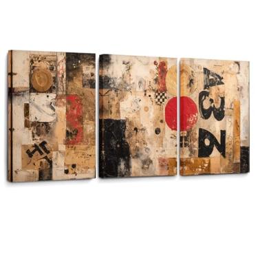 Imagem de Conjunto de 3 decoração de parede Japandi | Arte de parede em tela abstrata | Obra de arte marrom e preta inspirada em Wabi Sabi | Impressões modernas de meados do século para decoração de quarto e