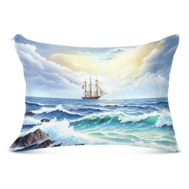 Imagem de Fronhas de flanela grandes com desenho animado de ondas do mar decorativas longas padrão king queen size fronha fofa para sofá de cama de casa, tamanho do corpo, 53 cm x 137 cm