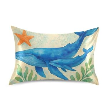 Imagem de Capas de almofada padrão King Queen Aquarela Azul Baleia Animal Cetim Impressão Premium Refrigeração para Cama de Casa Sofá King Size 101,6 cm x 50,8 cm