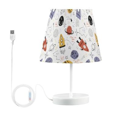 Imagem de Joisal Lâmpada de leitura de cabeceira com foguetes espaciais desenhados à mão com abajur de linho pequena para balcão de cozinha, luminária de mesa regulável