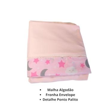 Imagem de Jogo de Lençol 2 Peças com Elástico para Berço Americano, Malha 100% Algodão, Estampa Estrelas e Lua, com Ponto Palito, 160x98x12cm (Rosa Bebê)