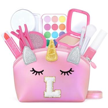 Imagem de Lindas bolsas transversais rosa para Preppy Her bolsa de unicórnio com inicial personalizada para maquiagem presentes de aniversário, Rosa - L, Bonito