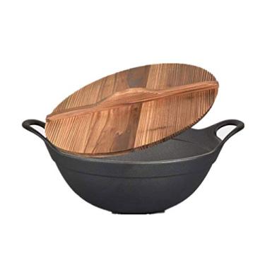 Imagem de Conjunto de panelas de frigideira, panelas grandes grossas antiquadas, sem revestimento, fuligem inibida, com tampa de madeira, adequado para cozinhas domésticas, restaurantes, etc