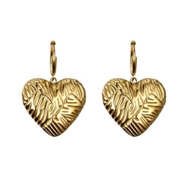 Imagem de Brincos de coração dourado e geométricos grossos para mulheres, brincos de gota, joias pendentes texturizadas retrô, acessórios leves da moda, Small, Metal, Sem pedra preciosa