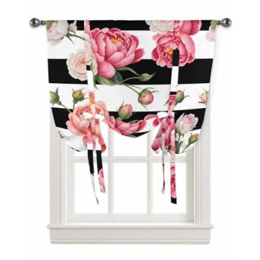 Imagem de Cortinas de amarrar para janelas country flores rosa bolso haste persiana ajustável balão cortina saia floral preto branco listrado para quarto, cozinha, banheiro, persianas, 106 x 113 cm