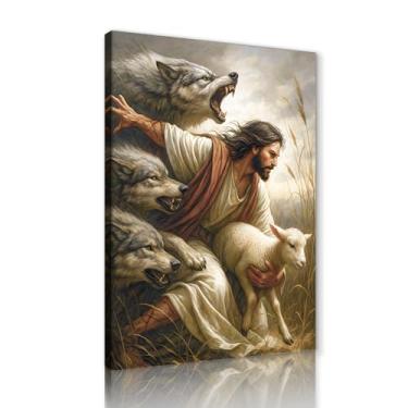 Imagem de Jesus Wall Art Jesus Protect a Lamb Against Wolves Cartazes Fé Cristã Impressões em Tela Arte para Sala de Estar Quarto Salas de Oração Decoração de Parede Pronto para Pendurar 61 x 91 cm