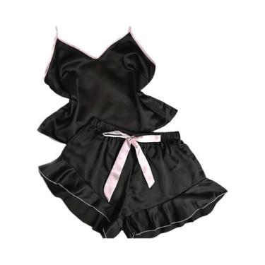 Imagem de Pijama Feminino de Cetim com Decote V, Babados e Shorts com Laço, BR-G