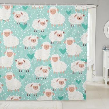 Imagem de Manfei Lindas cortinas de chuveiro de ovelhas com desenhos animados de animais de fazenda, cortinas de banheiro à prova d'água verde e branco com 12 ganchos para banheira, decoração de quarto de