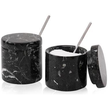 Imagem de Speshstone Saleiro de mármore com tampa Recipiente de armazenamento preto feito à mão para temperar sal - conjunto de sal e pimenta, caixa de sal, dispensador de sal, recipiente de sal para bancada,