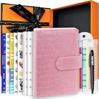 Imagem de Agenda de caderno pessoal de couro PU com 67 páginas, papéis de folhas soltas, 6 furos, suporte de caneta, fivela magnética (padrão de crocodilo rosa, caixa de presente A6)