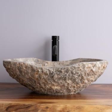 Imagem de Pia de vaso de mármore cinza fóssil – pia de banheiro em forma de canoa esculpida à mão em pedra natural com veias em tom de terra – Pia de bancada rústica moderna