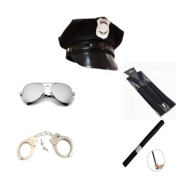 Imagem de Fantasia De Policial C/ Quepe Preto Algemas de Metal Com Chave Suspensório Cassetete E Óculos Espelhado - 5 Pçs