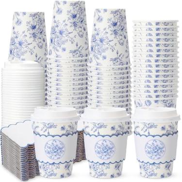 Imagem de Qinyoung Conjunto de 48 xícaras de café de papel floral azul com tampas e mangas 340 g copos descartáveis de flores vintage a granel para aniversário, casamento, chá de panela, artigos de festa de chá