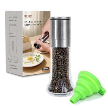 Imagem de Aelga Moedor de pimenta com funil de silicone - Moedor manual de vidro de 113 g com núcleo de cerâmica ajustável, utensílio de cozinha recarregável
