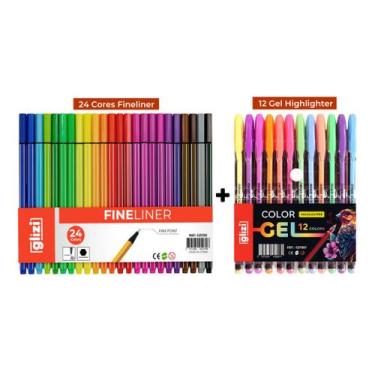 Imagem de Kit Canetas Coloridas Ponta Fina Glizi Fineliner 24 Cores + Gel Highli