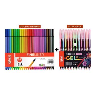 Imagem de Kit Canetas Coloridas Ponta Fina Glizi Fineliner 24 Cores + Gel Highli