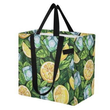 Imagem de SEHANY Sacolas de compras reutilizáveis de verão limão com alças reforçadas, bolsa de compras de lona dobrável à prova d'água de grande capacidade para viagem, cozinha, praia
