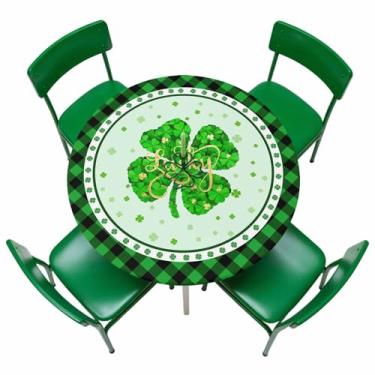 Imagem de Singingin Toalha de mesa redonda para Dia de São Patrício com borda elástica, Golden Lucky Shamrocks verde preto xadrez búfalo à prova d'água à prova de óleo para festa piquenique serve para mesas