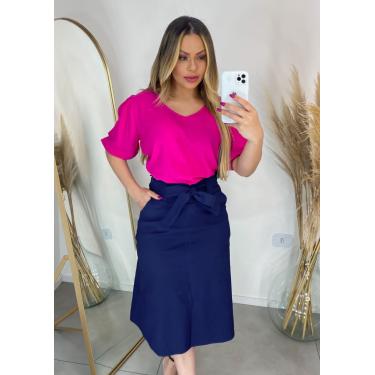 Imagem de Saia Midi Evasê Azul Marinho Tecido Bengaline - Vilma Valentti