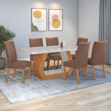 Imagem de Conjunto Sala De Jantar Mesa Easy Tower 170x90cm Mdf/vidro Com 6 Cadeiras Confort Couro Avelã Amendoa/off White
