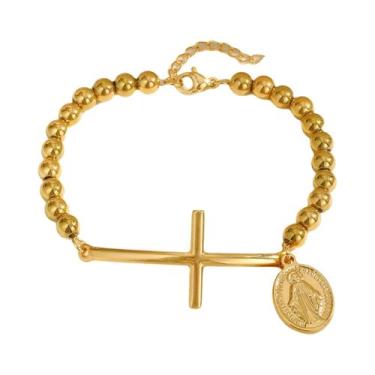 Imagem de Pulseira De Oração Ajustável Em Aço Inoxidável Com Cruz Católica Da Vi