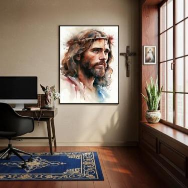 Imagem de Quadro Decorativo Face Jesus Cristo Aquarela - 70X50Cm - Quadros On-Li