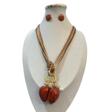 Imagem de Colar feminino fio resina pedras cristais kit brinco luxo - MLBpel, Te