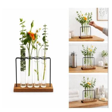 Imagem de Kit Vasos Hidroponico Flor Ferro Base Madeira 4 Tubos Hidroponia Terrario Suporte 4 Em 1 Mesa Bancada Escritorio Sala Vi