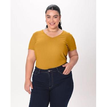 Imagem de Blusa Básica Feminina Plus Size Decote V Em Canelado De Viscose - Malw