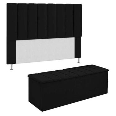 Imagem de Kit Cabeceira + Calçadeira Baú Solteiro 90cm Suede Preto