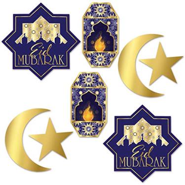 Imagem de Beistle Papel de cartolina durável com recortes de ramadã de 8 peças, estrela, lua, lanterna, decorações de parede, 12,7 cm a 29,2 cm, azul/dourado