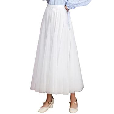 Imagem de NJNJGO Saia maxi feminina em camadas, cintura elástica saia tutu tule saia plissada anágua, Branco, One Size