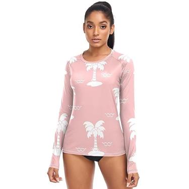Imagem de Pink Coconut Palm Tropical Camiseta de maiô feminina, camiseta de caminhada Rash Guard manga longa tops, Palmeira de coco rosa tropical, P