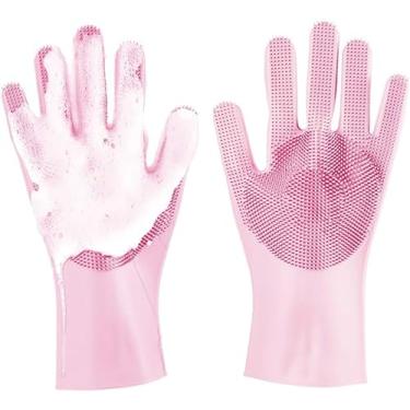 Imagem de Luva Esponja de Silicone Mágica Para Lavar Louça Pratos Copos Talheres Limpeza da Cozinha Trabalho Doméstico Banheiro Banho Lavagem de Carro Banho em Pet Cão e Gato Luva Reutilizáveis (ROSA)