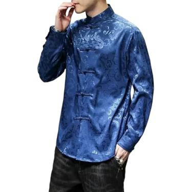 Imagem de Buckle Tang Jackets blusa prata gola mandarim vermelho roupas ano chinês azul cetim seda camisas masculinas, Azul, M
