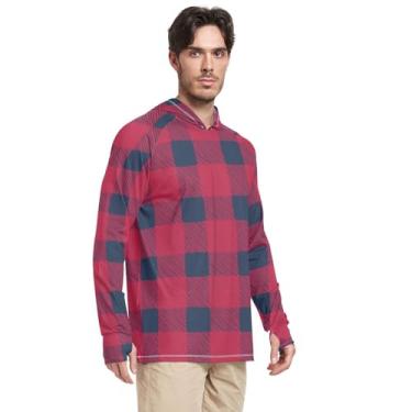Imagem de Camisa masculina com capuz manga comprida xadrez búfalo creme camisa de pesca FPS 50+ camisas à prova de sol Rash Guard UV, Xadrez de búfalo vermelho azul, M