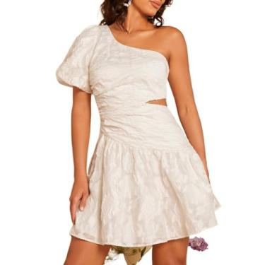 Imagem de Camisa Feminina One Shoulder Puff Sleeve Cut Out Waist Ruffle Hem Jacquard Dress (Color : White, Size : X-Small)